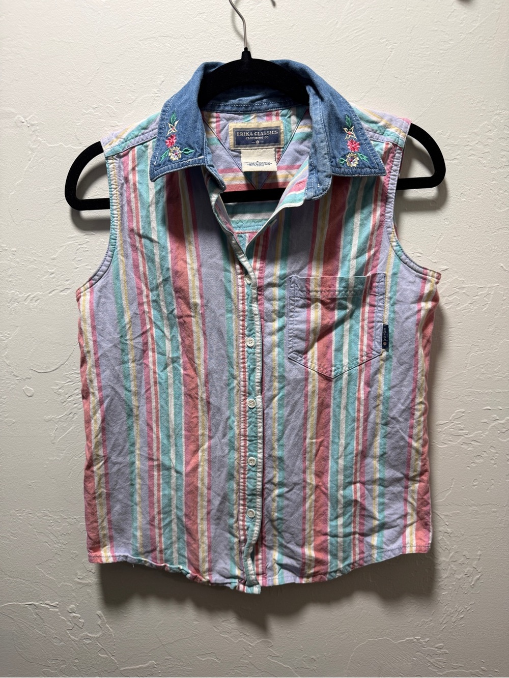 Vintage Erika Classics Pastel Stripe Sleeveless Button-Up Shirt